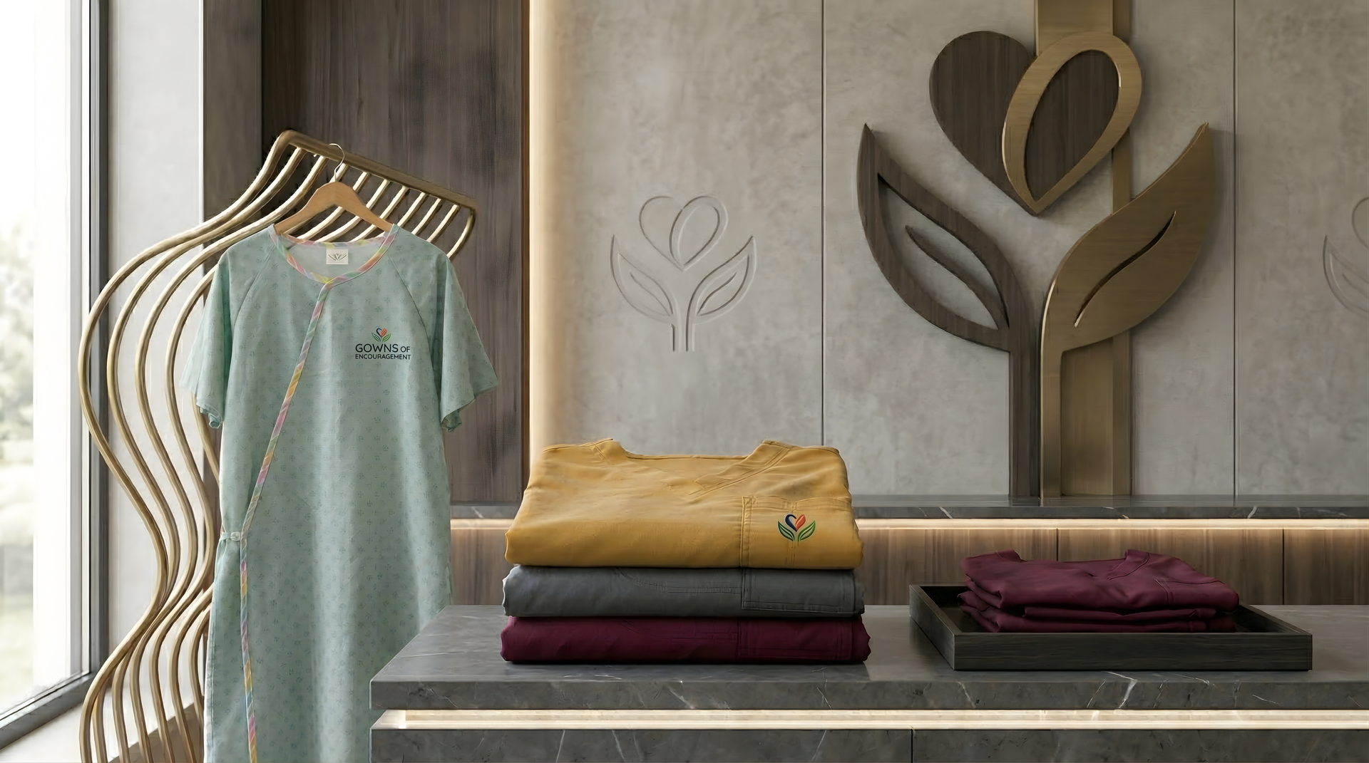 A light green dress on a rack next to a stack of folded garments in gold, gray, and maroon on a table in a modern store.