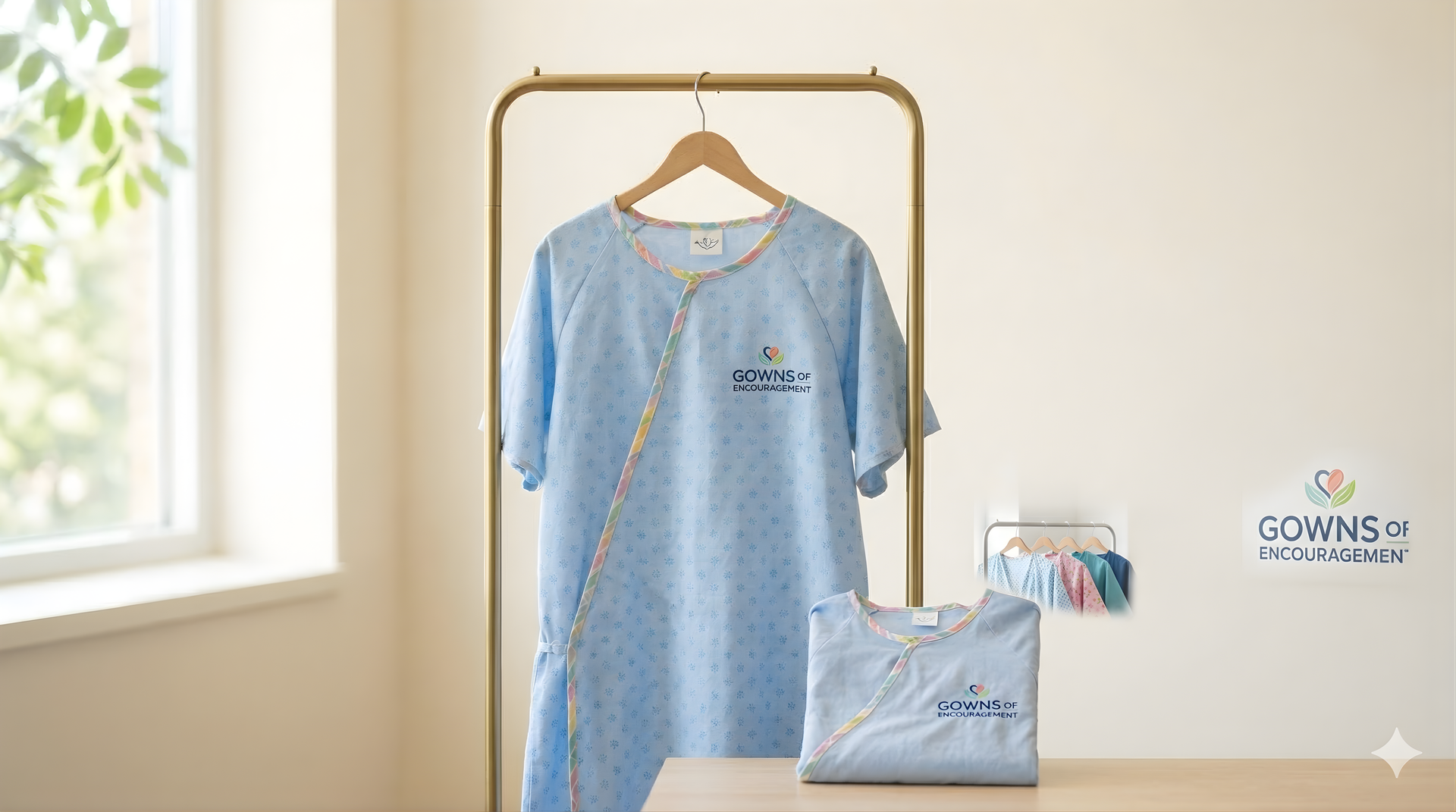 A light blue hospital gown hangs on a gold rack, with a folded version and a brand logo on a soft-toned wall nearby.