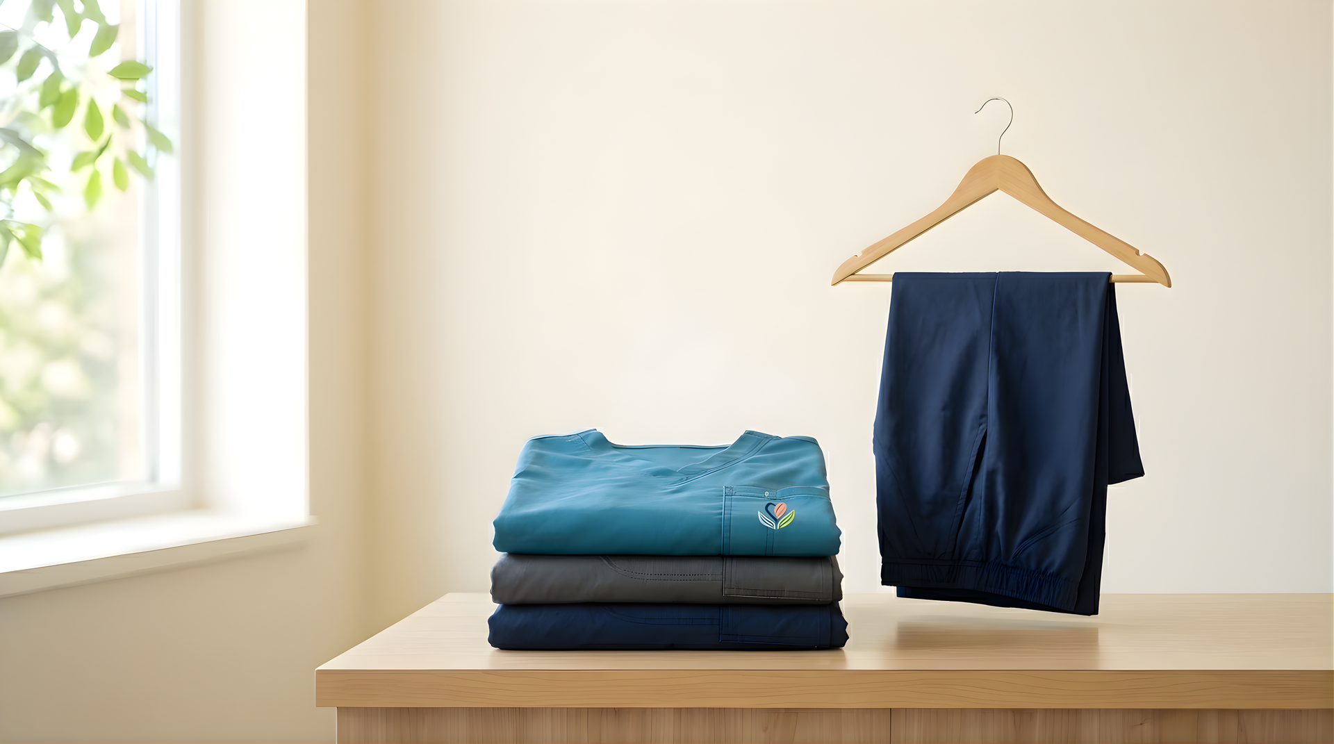 A stack of folded scrubs in blue, grey, and dark blue on a table, next to a pair of dark blue pants on a wooden hanger.
