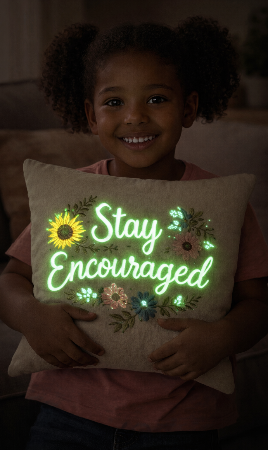 Girl holding a glowing pillow with 