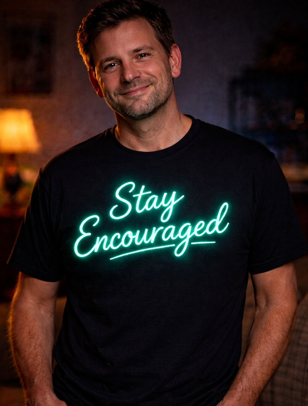 Man in black t-shirt with 