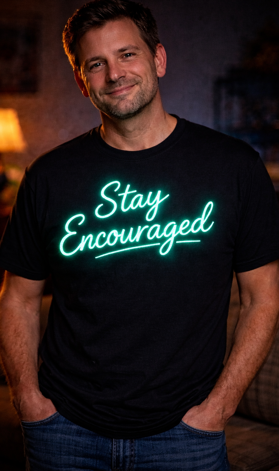 Man wearing black t-shirt with 