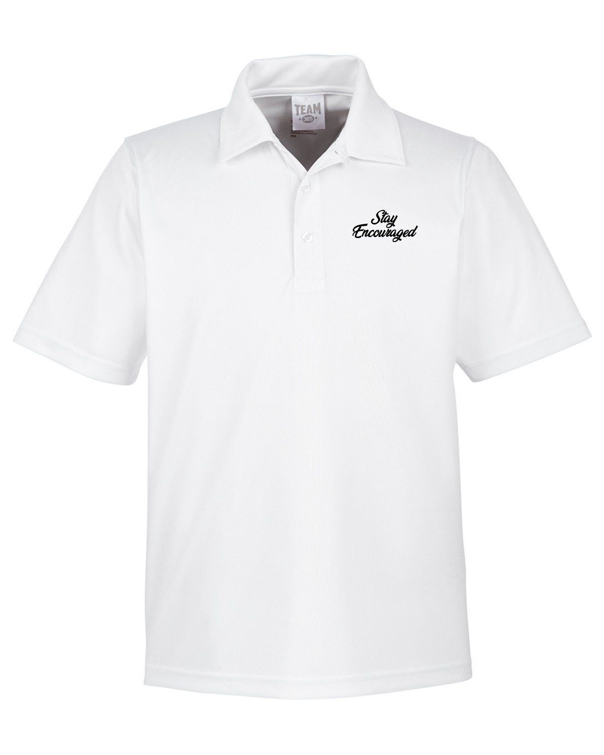 A white polo shirt with a black logo on the front.