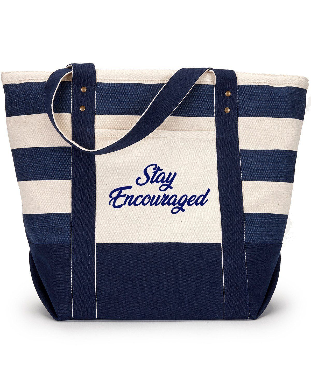 A blue and white striped tote bag that says stay encouraged