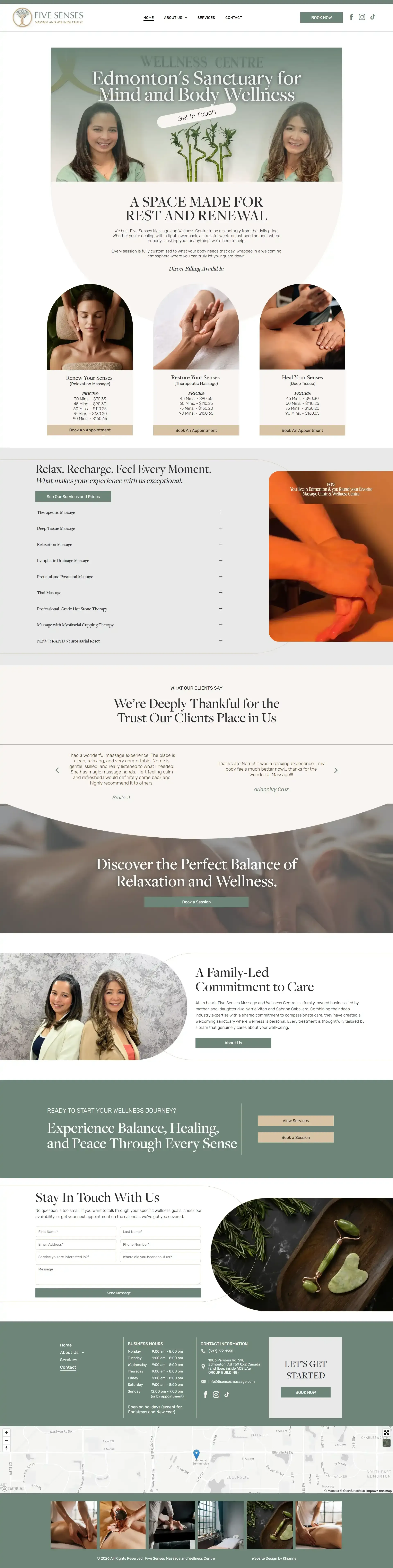 Collage of a massage clinic website with staff photos, services, and green-and-white section layouts.