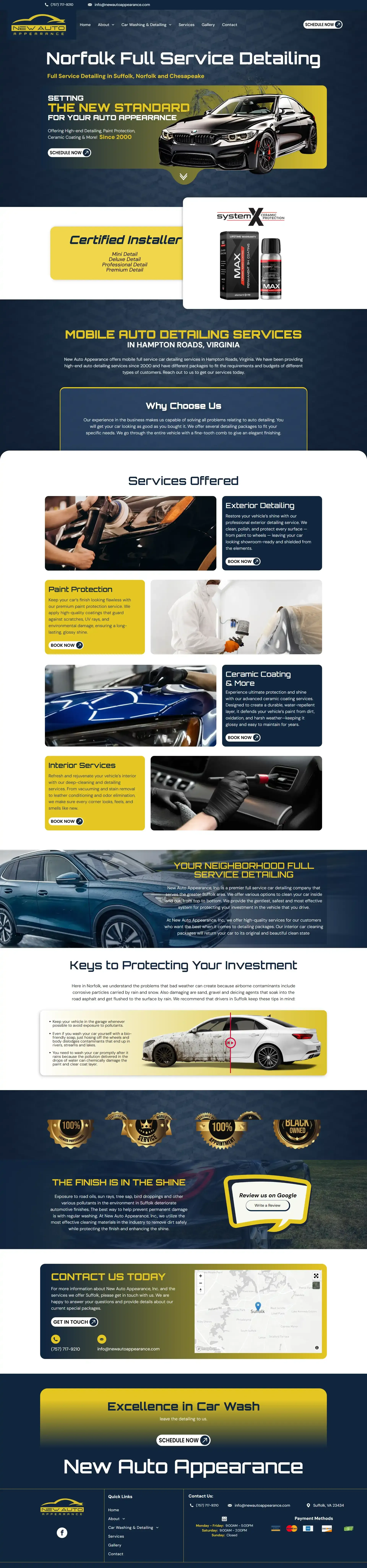 Screenshot of a blue and yellow website with stacked promotional banner sections and product images