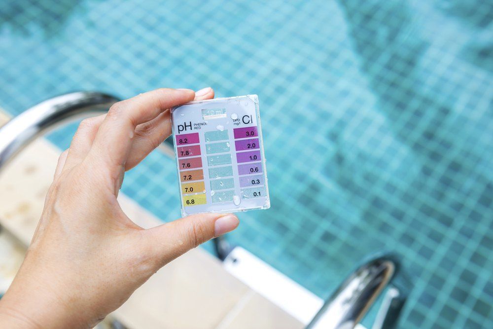 A Person is Holding a Test Kit in Front of a Swimming Pool — Tweed Coast Pool Care in Pottsville, NSW