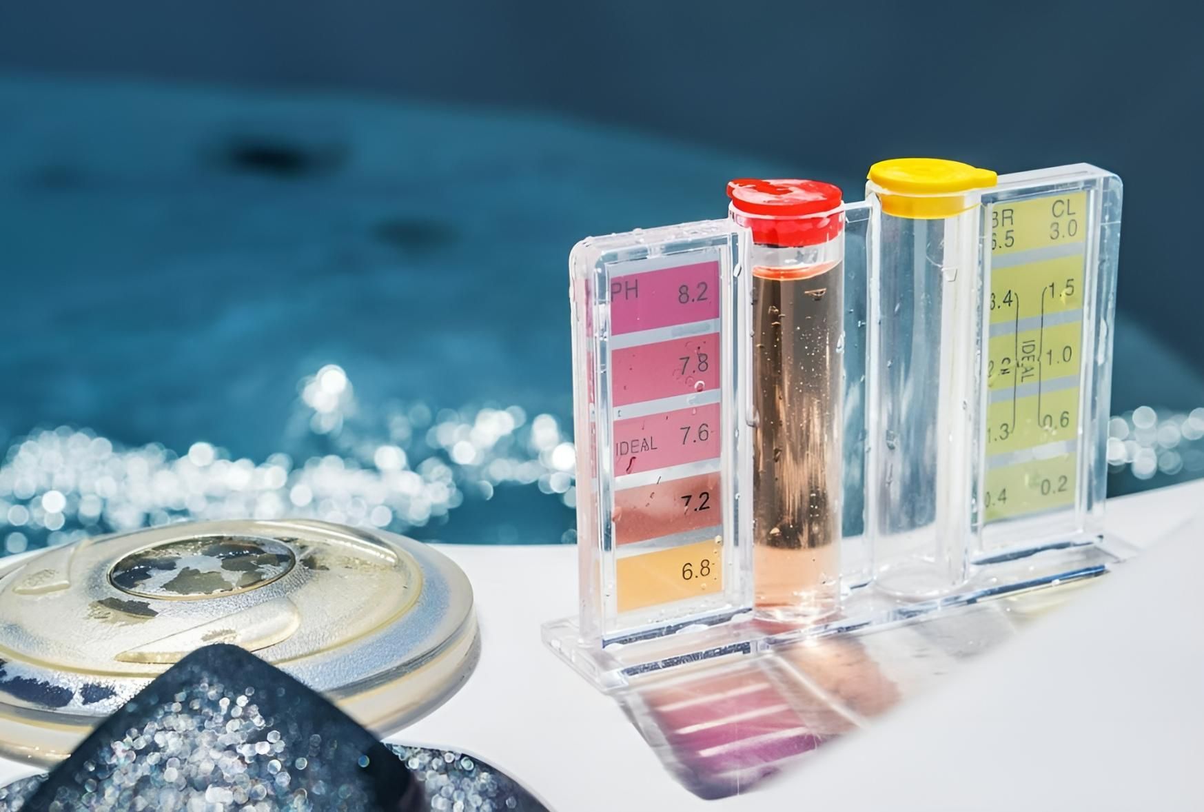 Two Test Tubes Are Sitting Next to A Swimming Pool — Tweed Coast Pool Care in South Murwillumbah, NSW