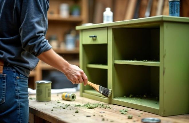 A man is painting a green cabinet with a brush.
