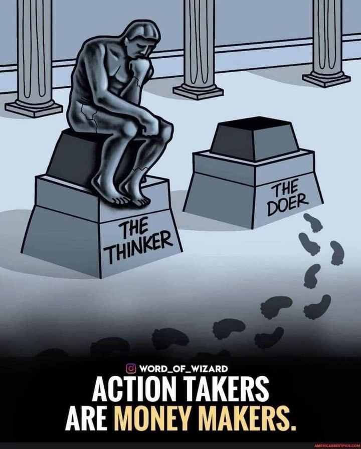 A cartoon of a man sitting on a pedestal that says action takers are money makers.