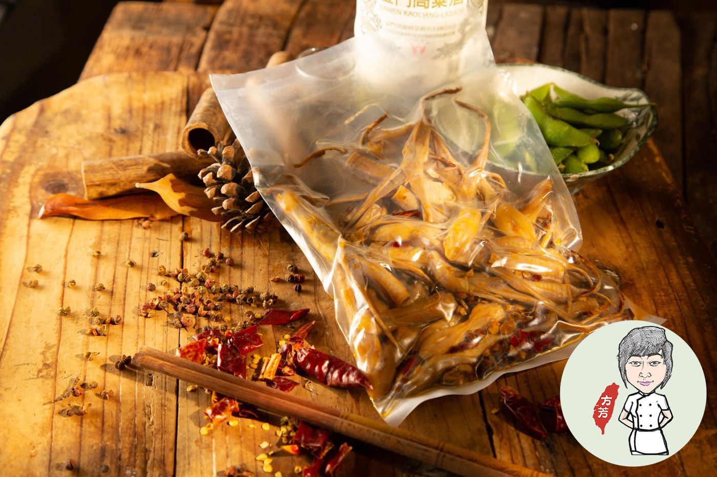 A bag of food is sitting on top of a wooden table.