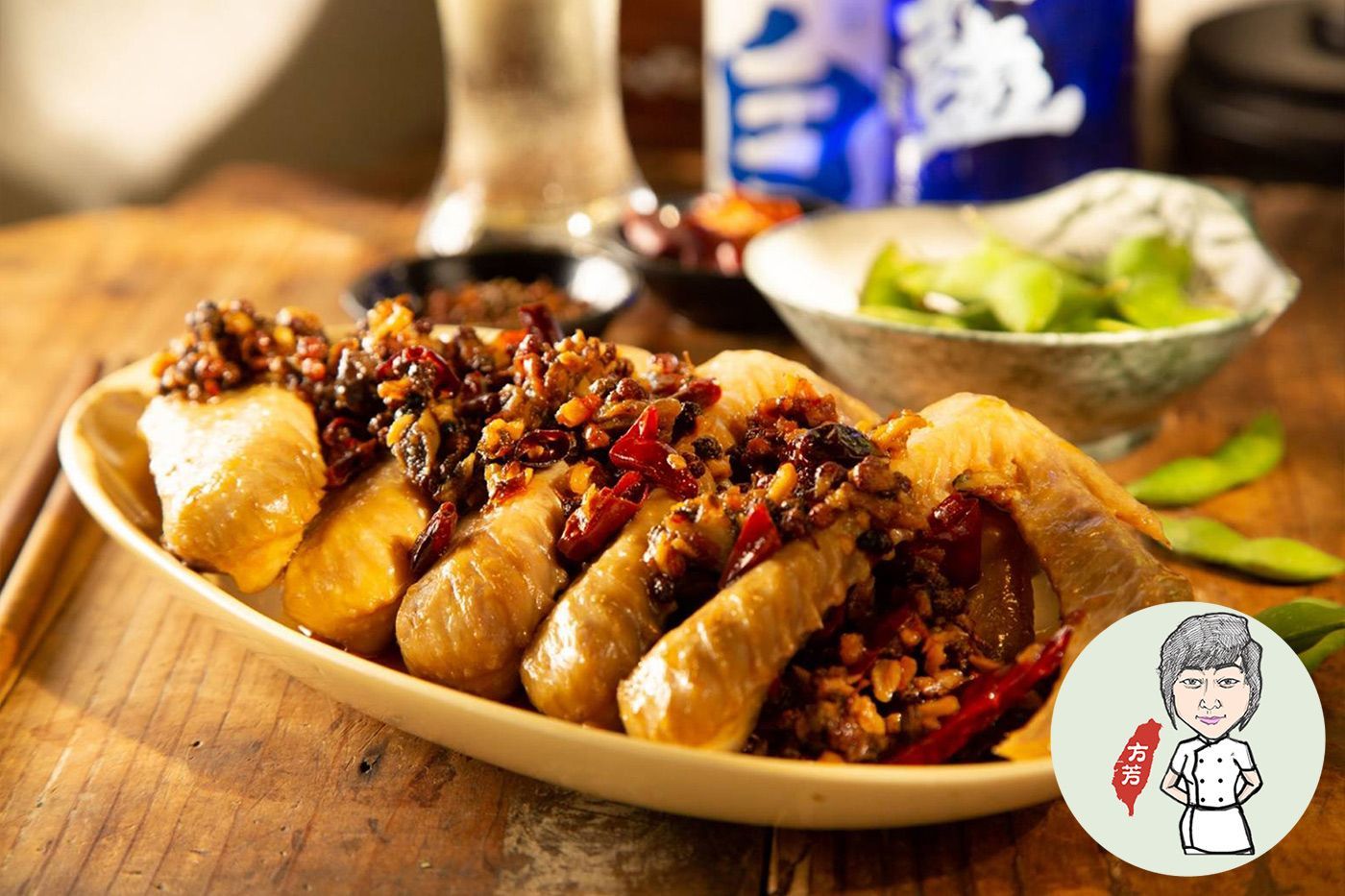 A plate of food is sitting on a wooden table.