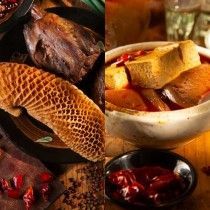 A collage of two pictures of different types of food on a table.