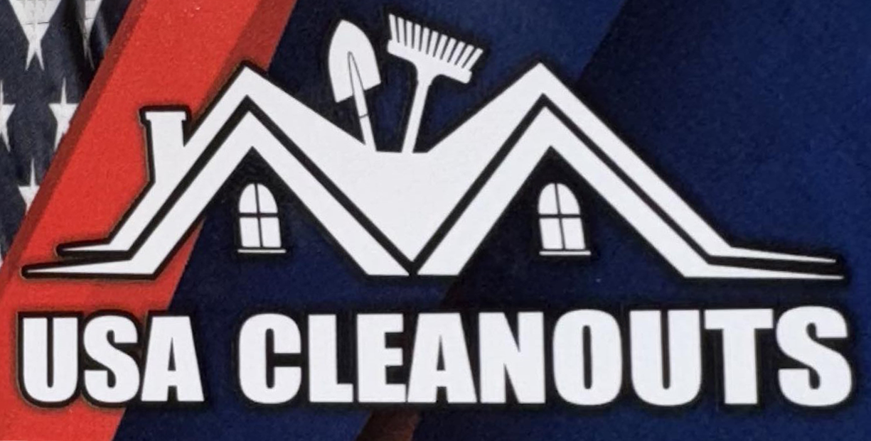 Logo for USA Cleanouts: a house outline with tools, and company name on a patriotic background.