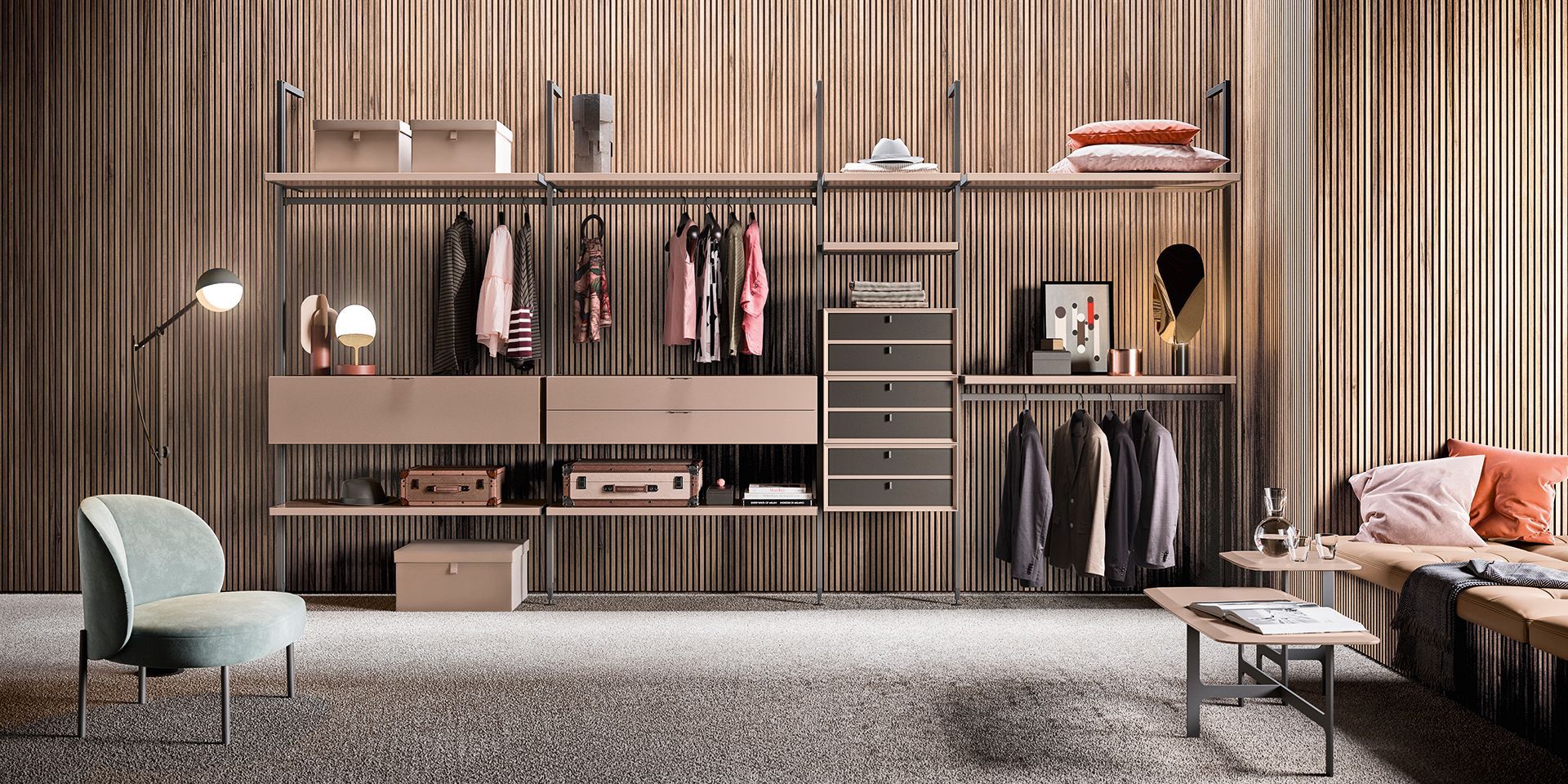 Un soggiorno con un armadio e una sedia.