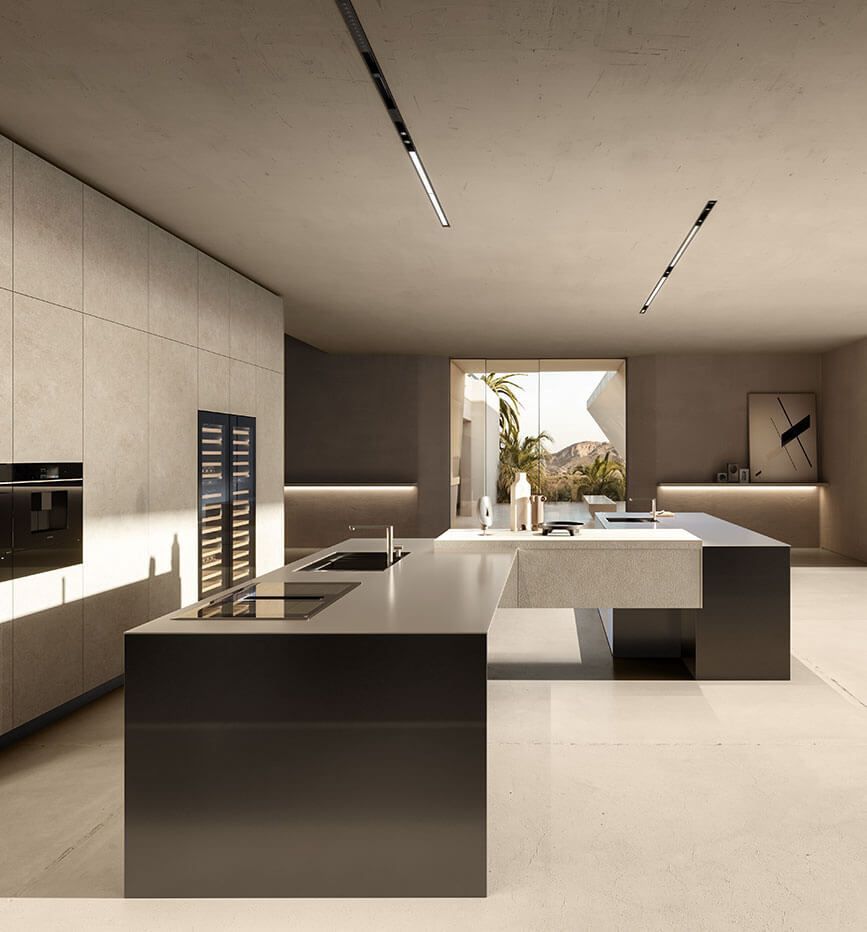 Una cucina con una grande isola al centro