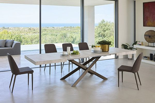 Un tavolo da pranzo e sedie in un soggiorno con vista sull'oceano.