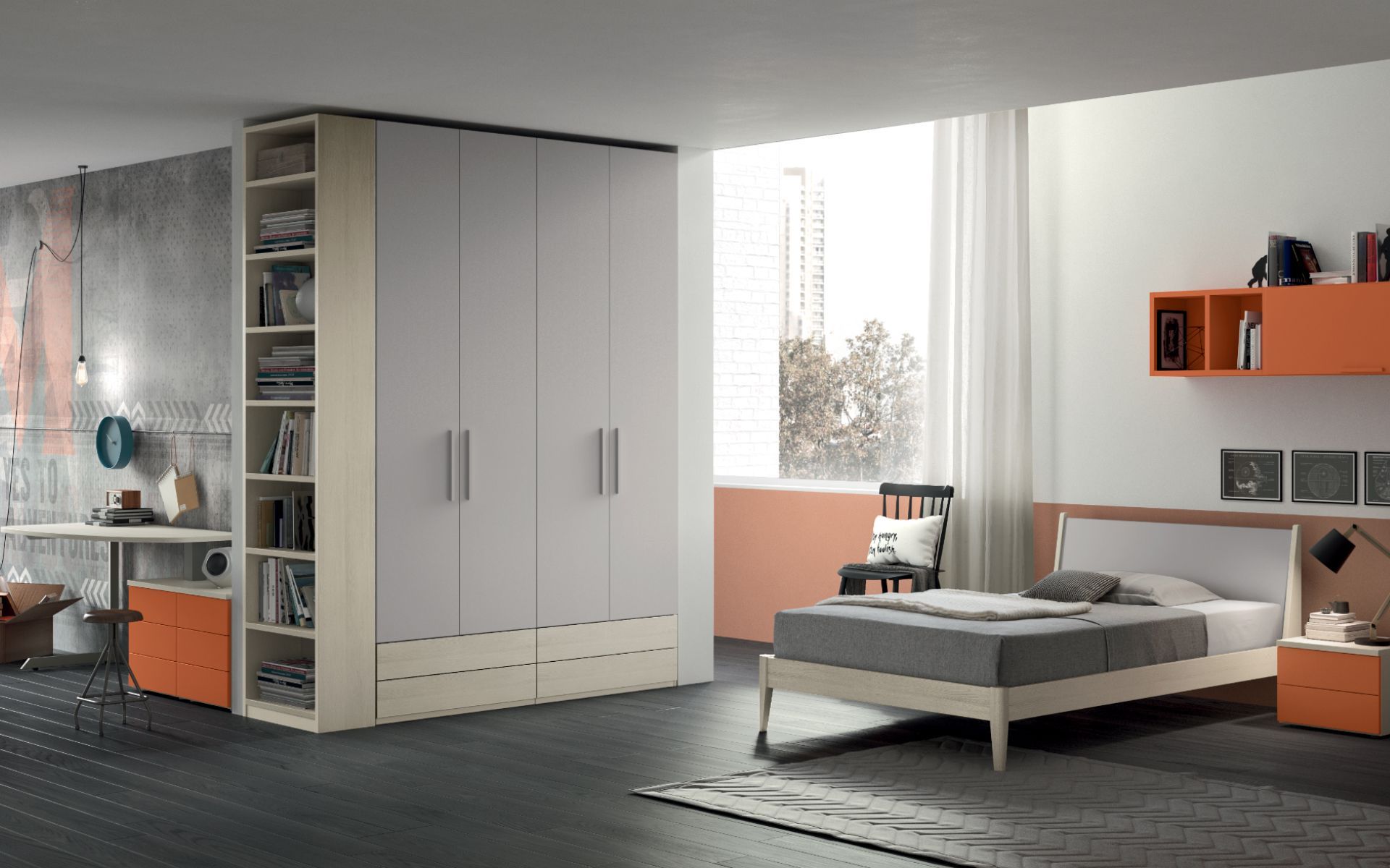 Una camera da letto con un letto e un armadio