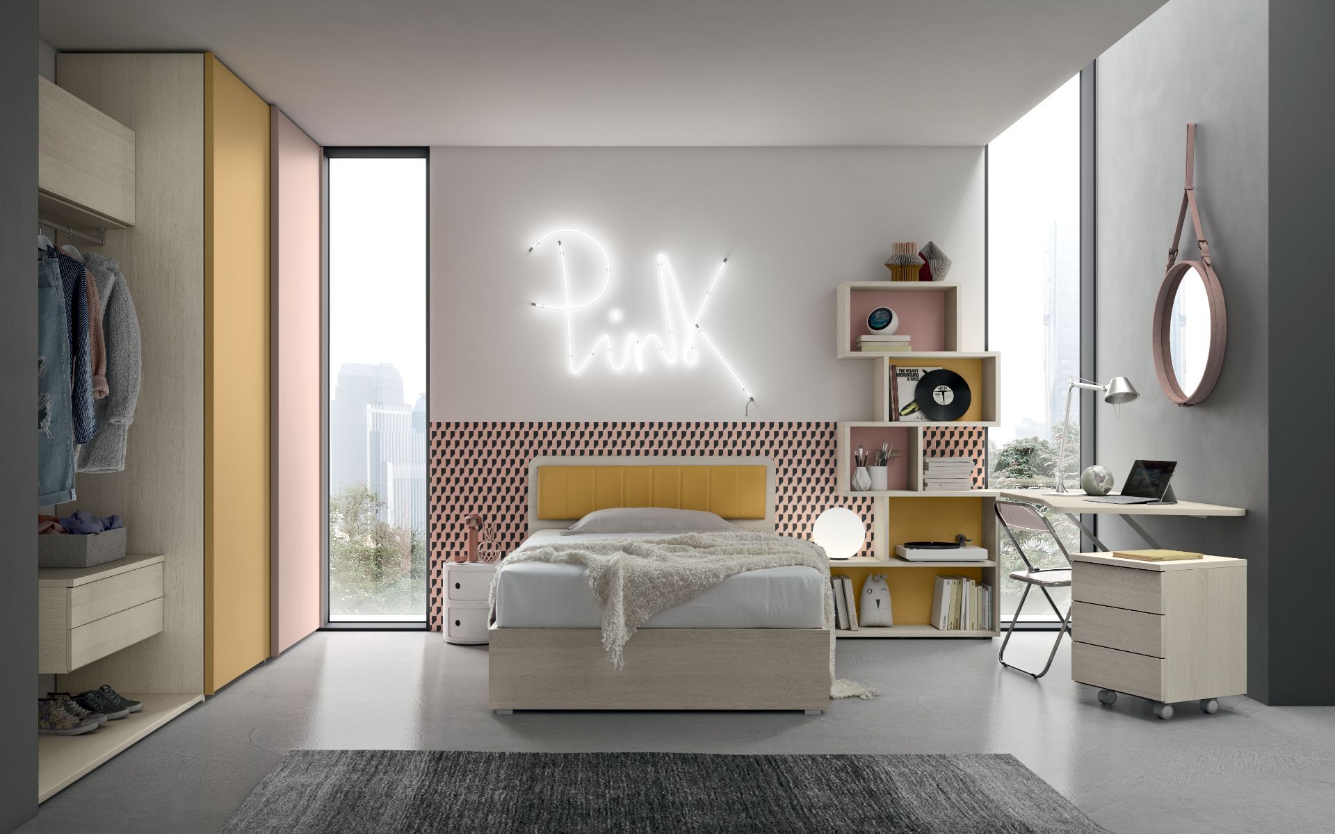 Una camera da letto con un'insegna al neon che dice rosa sul muro.