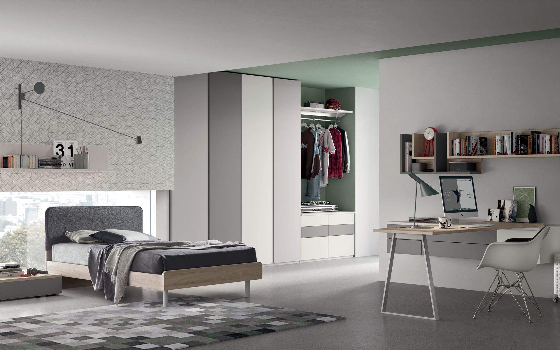 Una camera da letto con un letto, una scrivania, una sedia e un armadio.