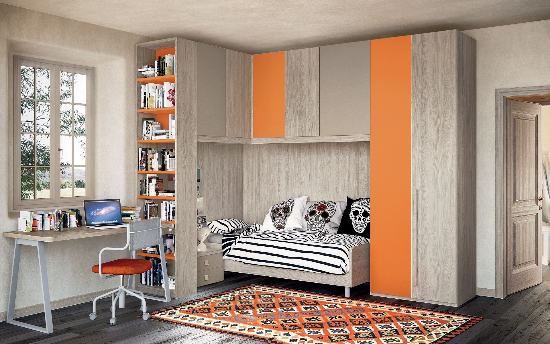 Una camera da letto con divano, scrivania, libreria e armadio.