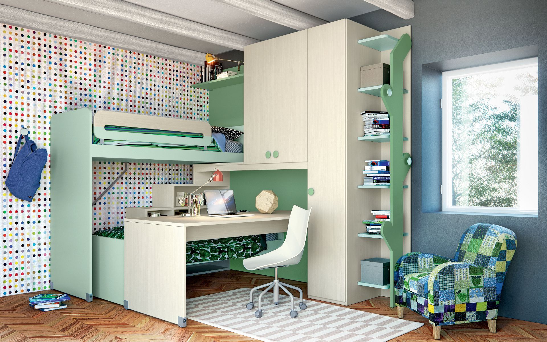 Una camera da letto con un letto a castello, una scrivania e una sedia.