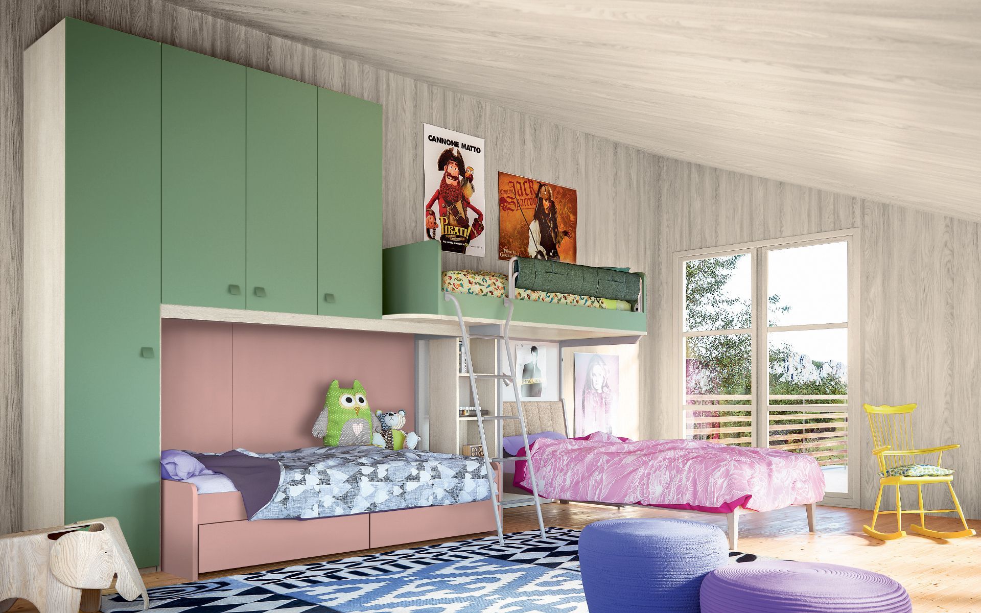 Una camera con due letti e un letto a castello.