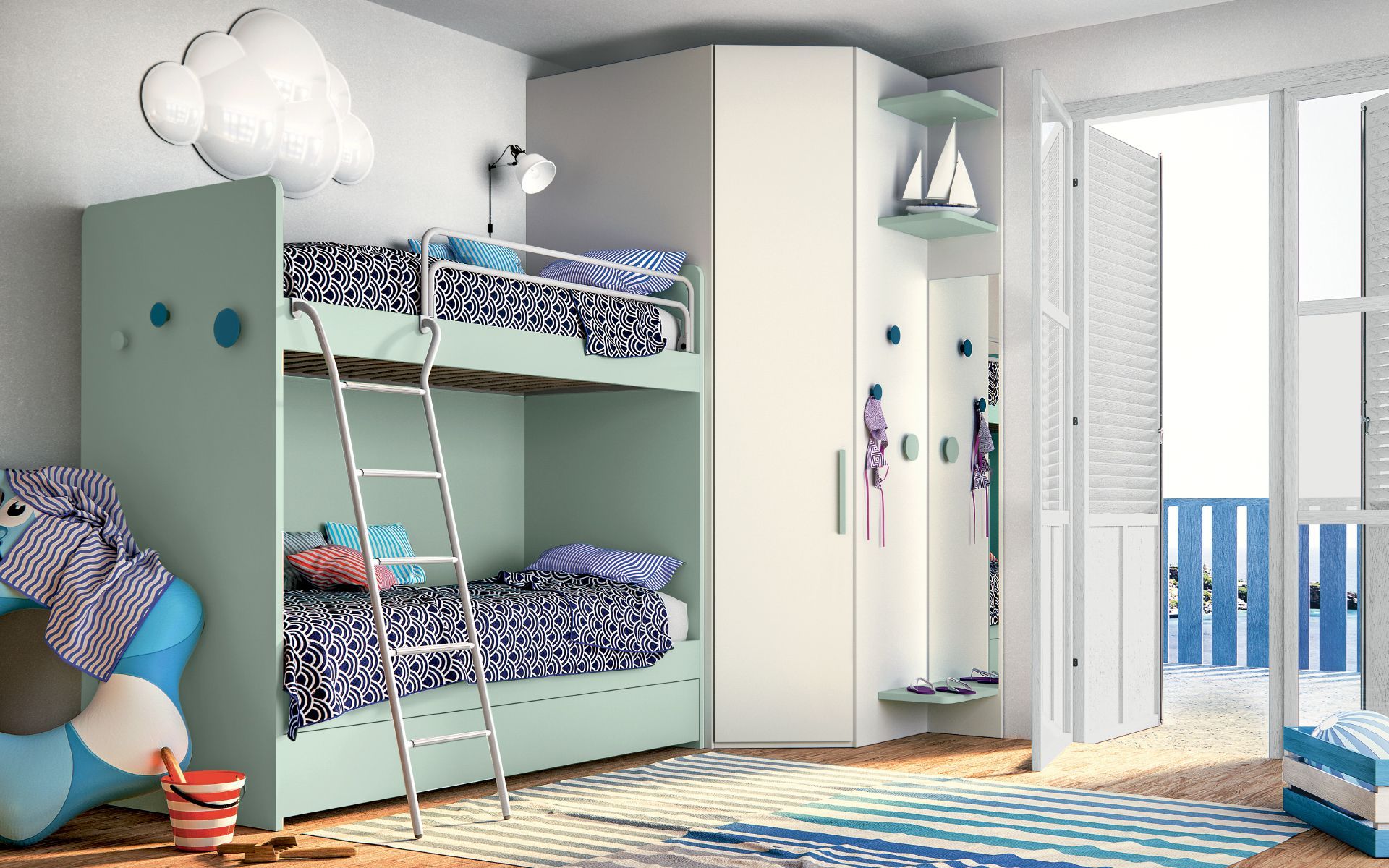 Nella stanza c'è un letto a castello con una scaletta.