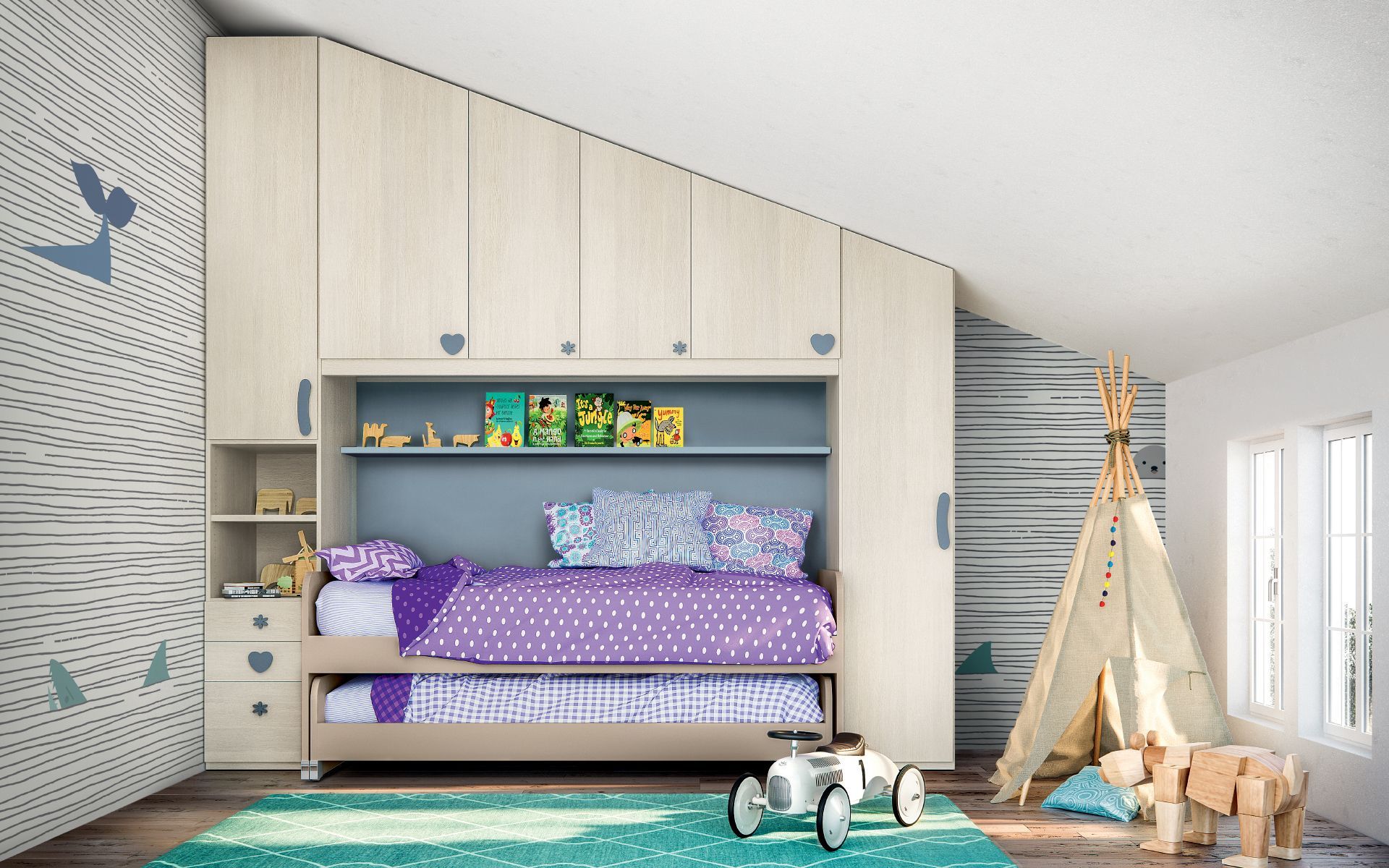 Una camera da letto per bambini con un letto e una tenda indiana.