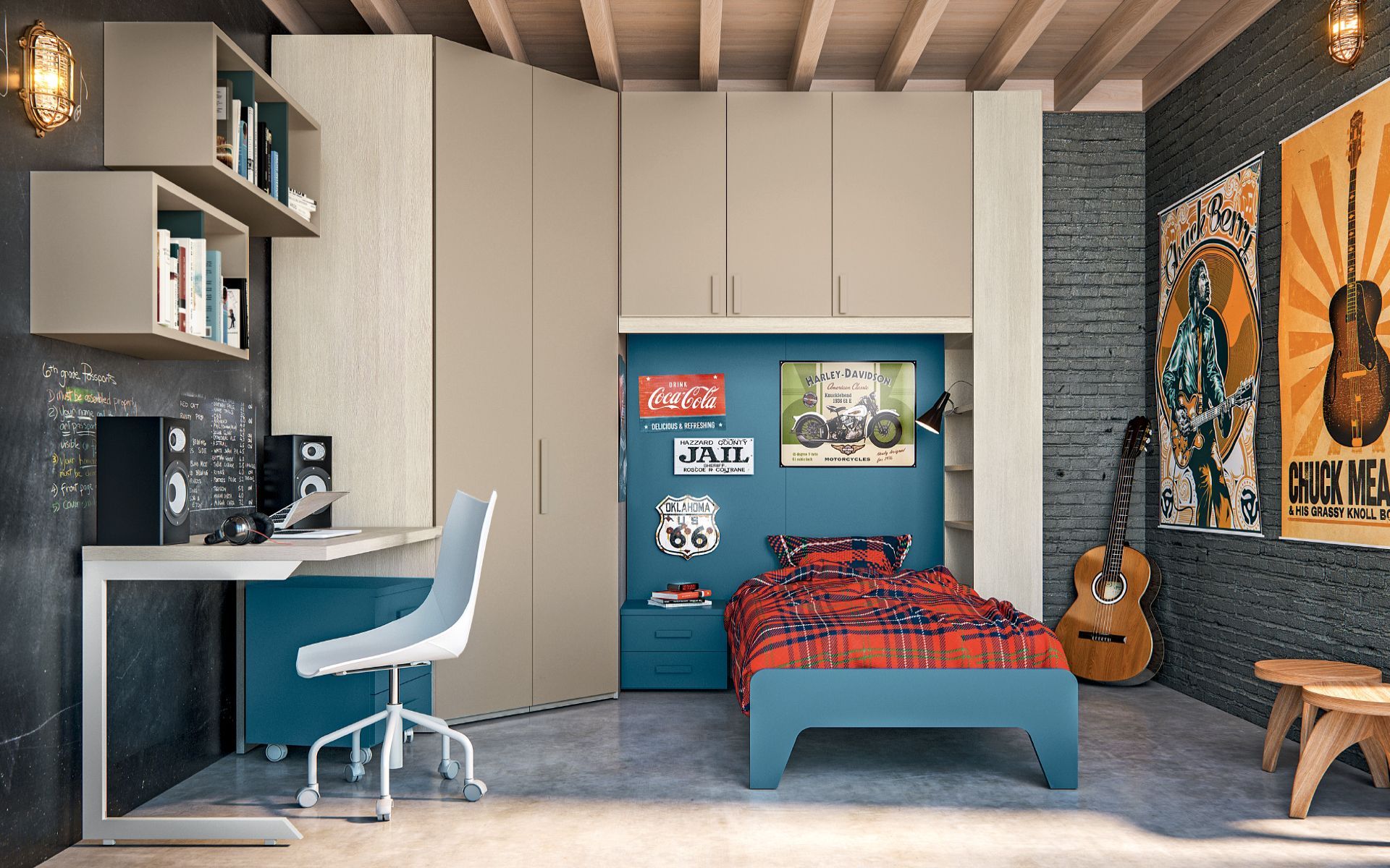 Una camera da letto con un letto, una scrivania, una sedia e una chitarra.