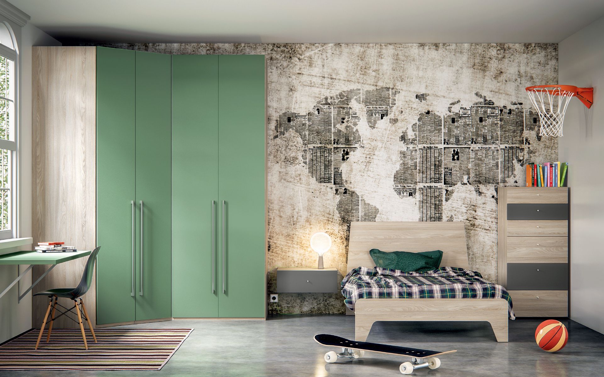 Una camera da letto con letto, armadio, scrivania e skateboard.