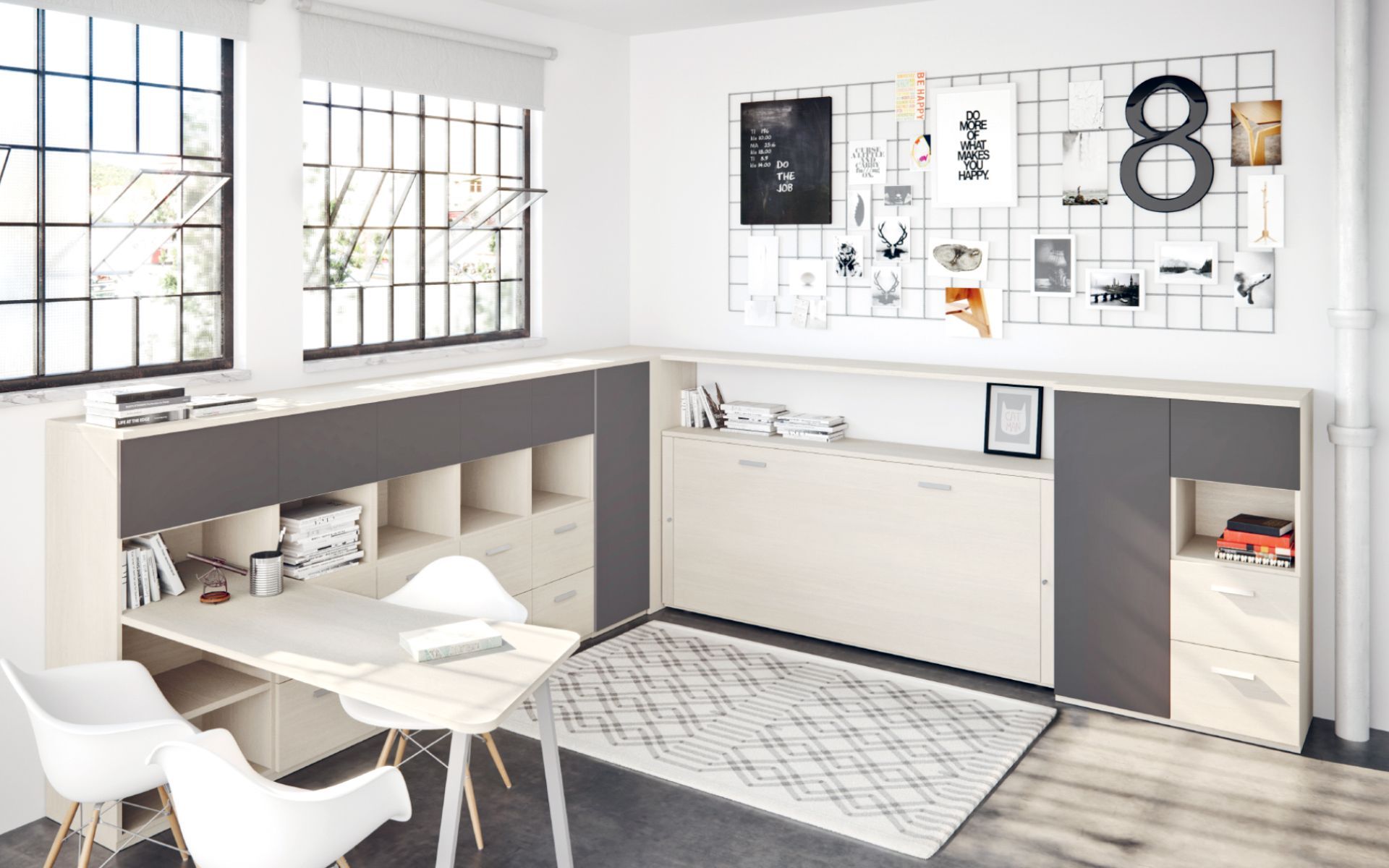 Una stanza con una scrivania, sedie, scaffali e una parete con una griglia.