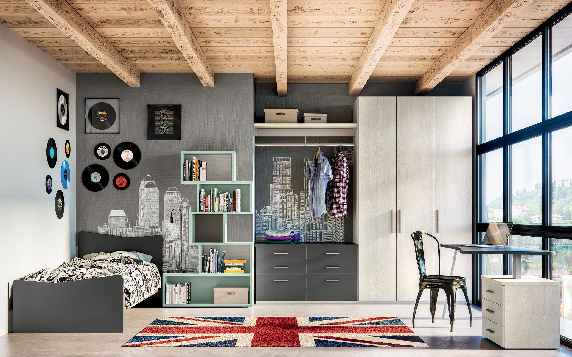 Una camera da letto con un letto, una scrivania, un armadio e un tappeto.