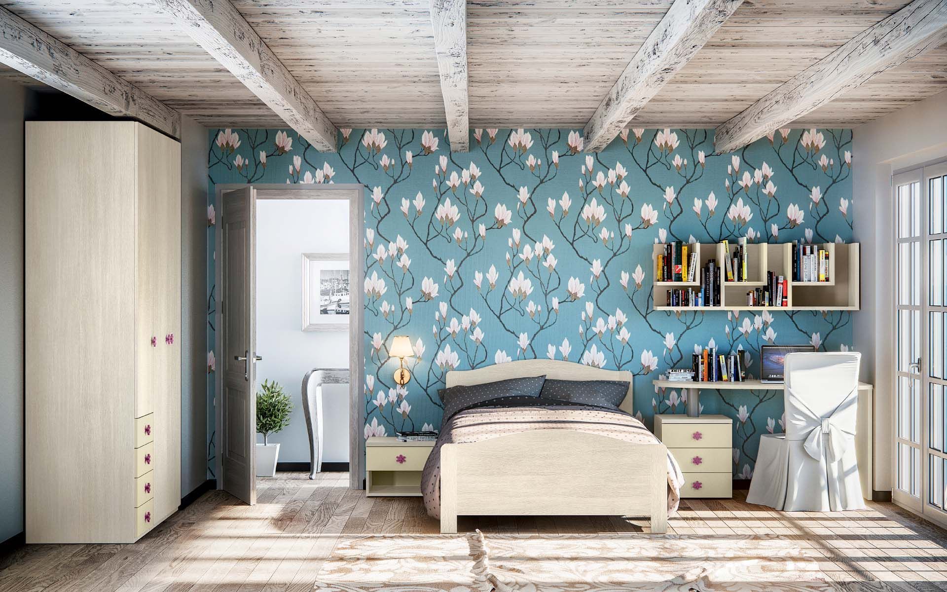 Una camera da letto con letto, comodino, armadio, scrivania e carta da parati blu e bianca.