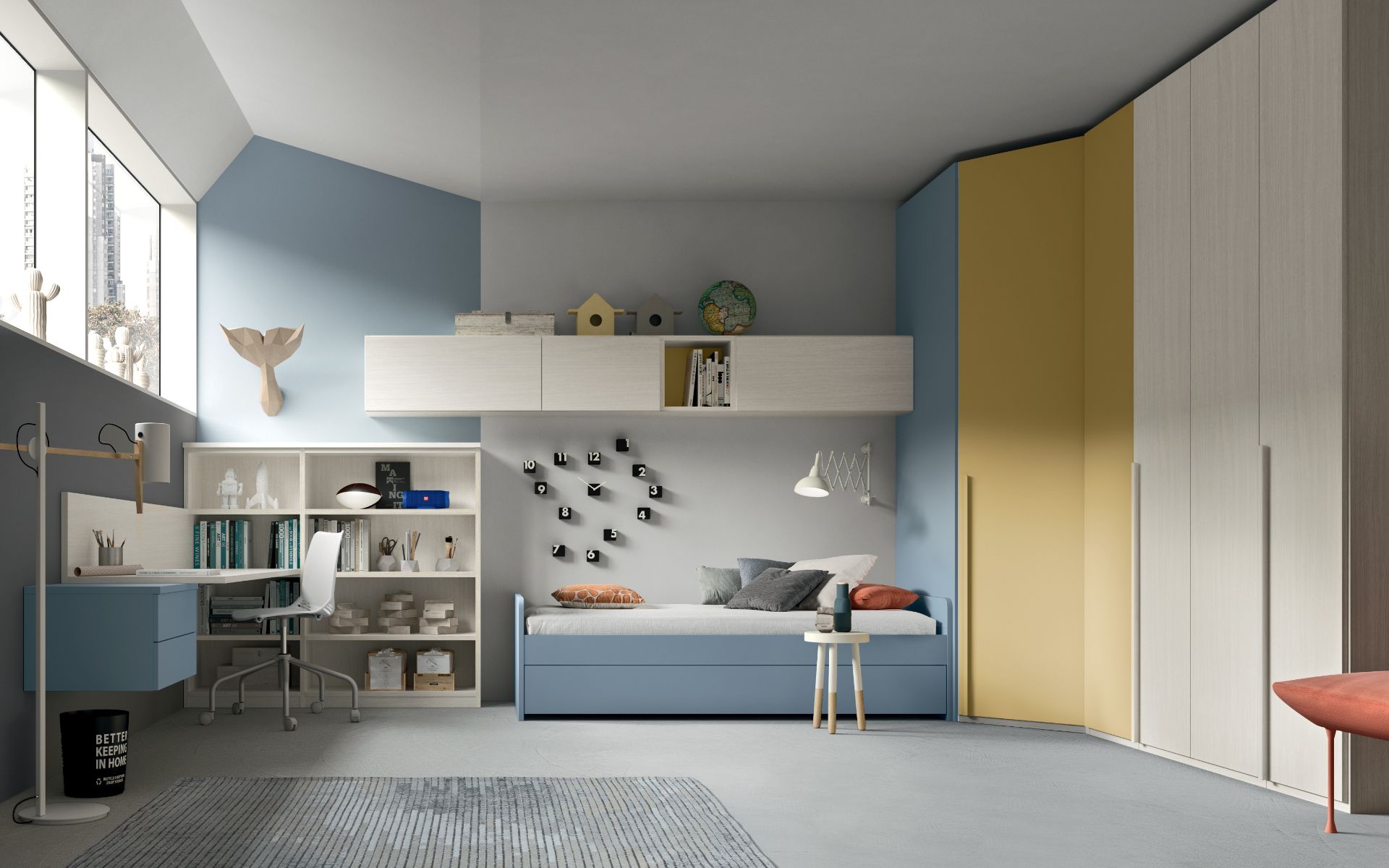 Una camera da letto con un divano, una scrivania, degli scaffali e un orologio sul muro.