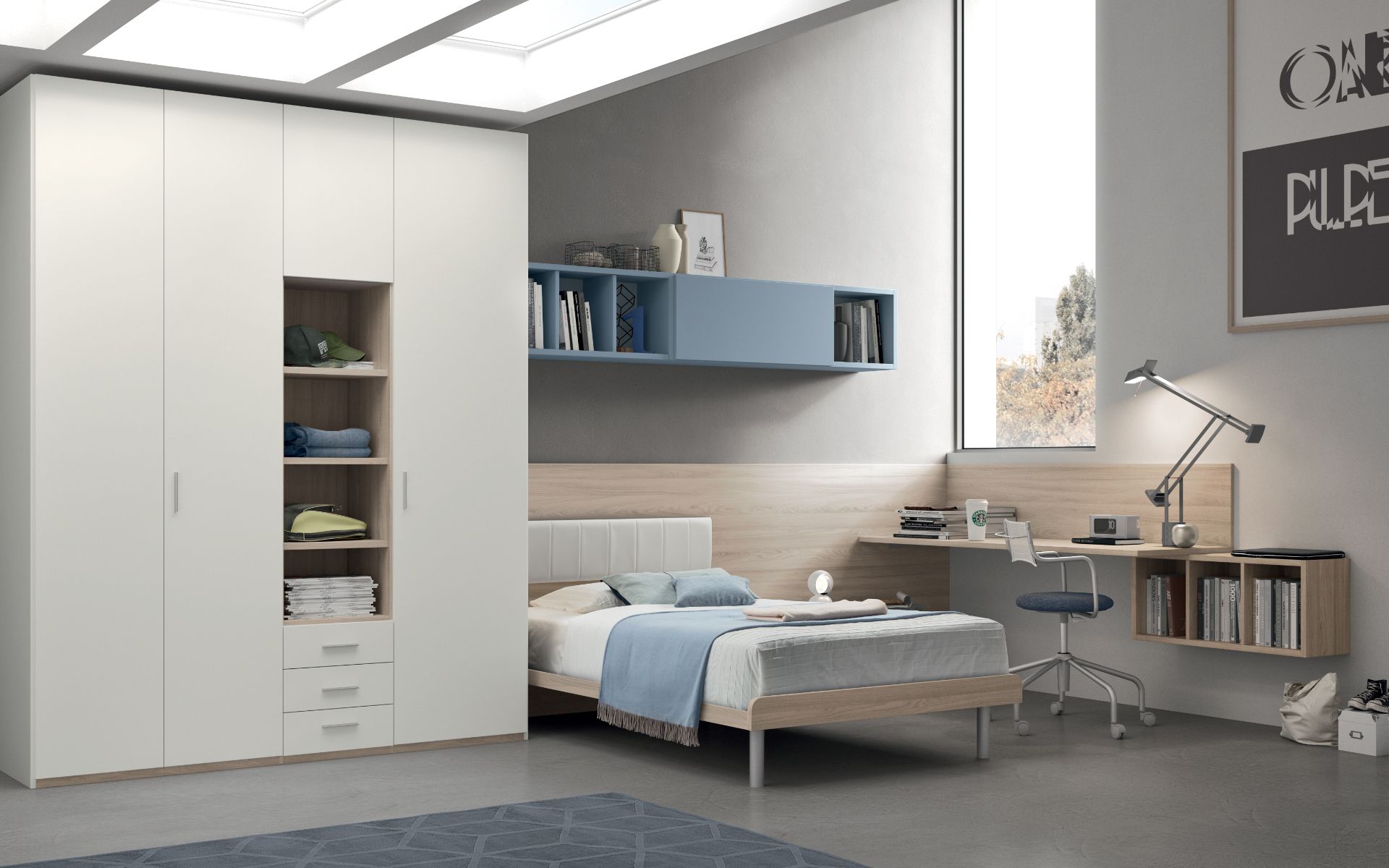 Una camera da letto con un letto, un armadio, una scrivania e degli scaffali.