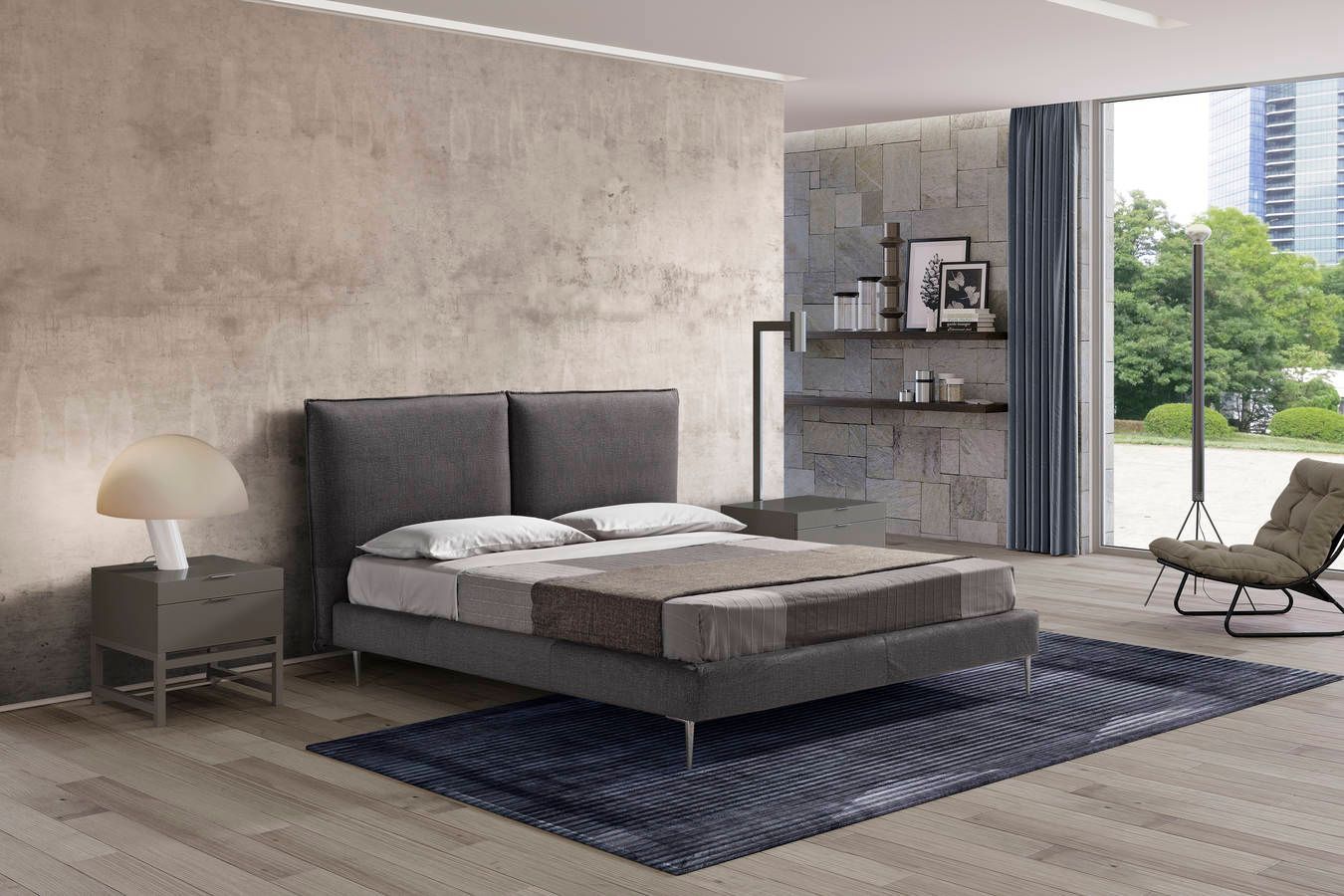 Una camera da letto con un letto, un comodino, una sedia e un tappeto.