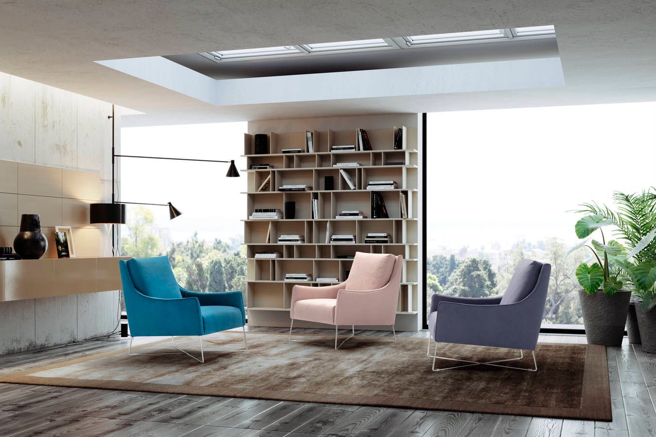 Un soggiorno con due sedie e una libreria