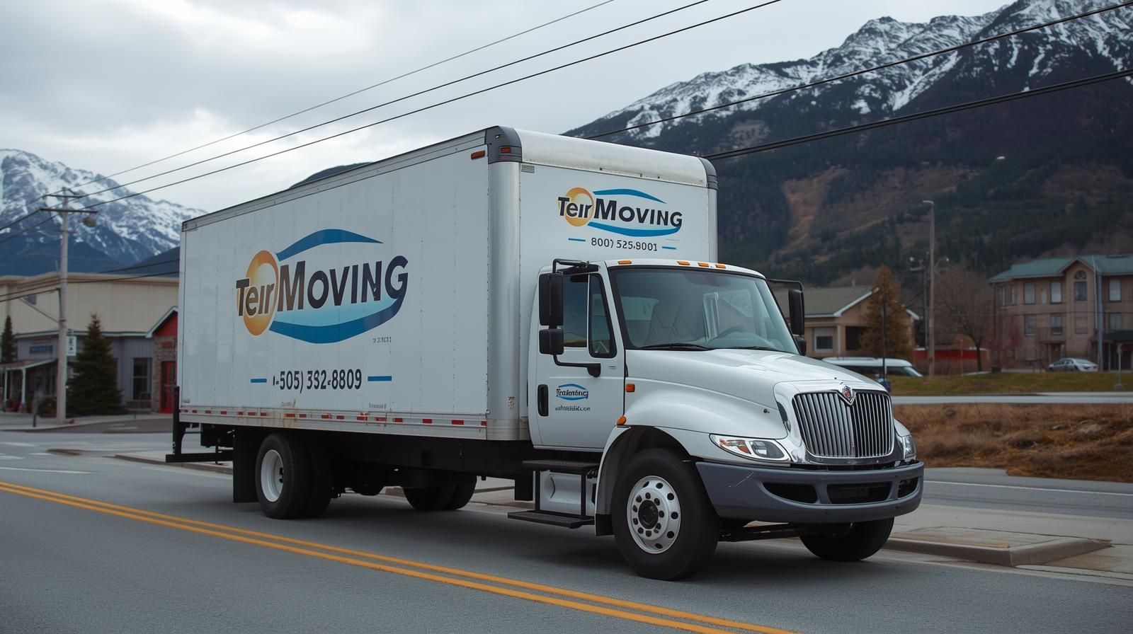 Moving company truck driving in Juneau, Alaska with mountain backdrop