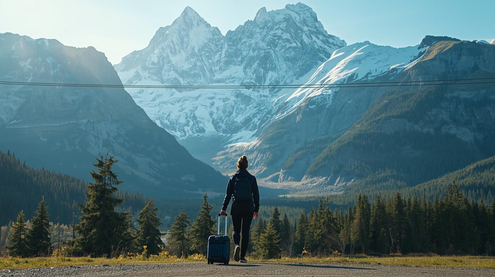 Person walking with suitcase toward mountains in Juneau, Alaska