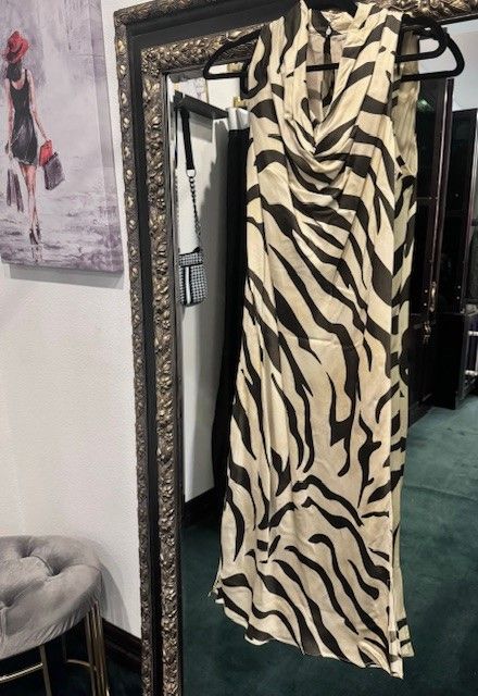 A zebra print dress hangs in front of a mirror