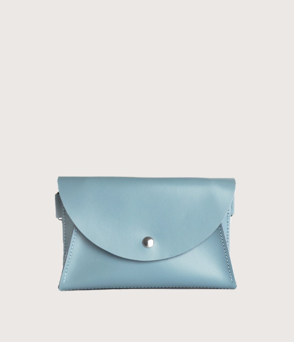 A light blue leather clutch bag with a silver button on the front.