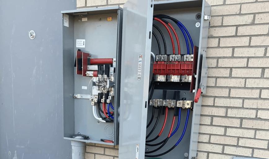 A electrical box is sitting on a brick wall.