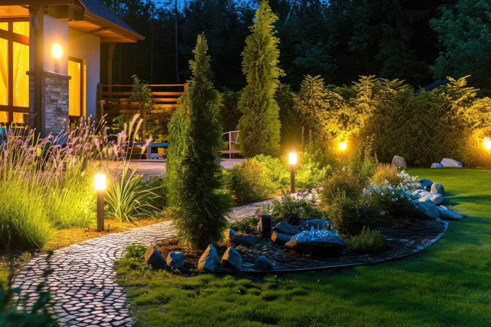 a house at night with outdoor lighting