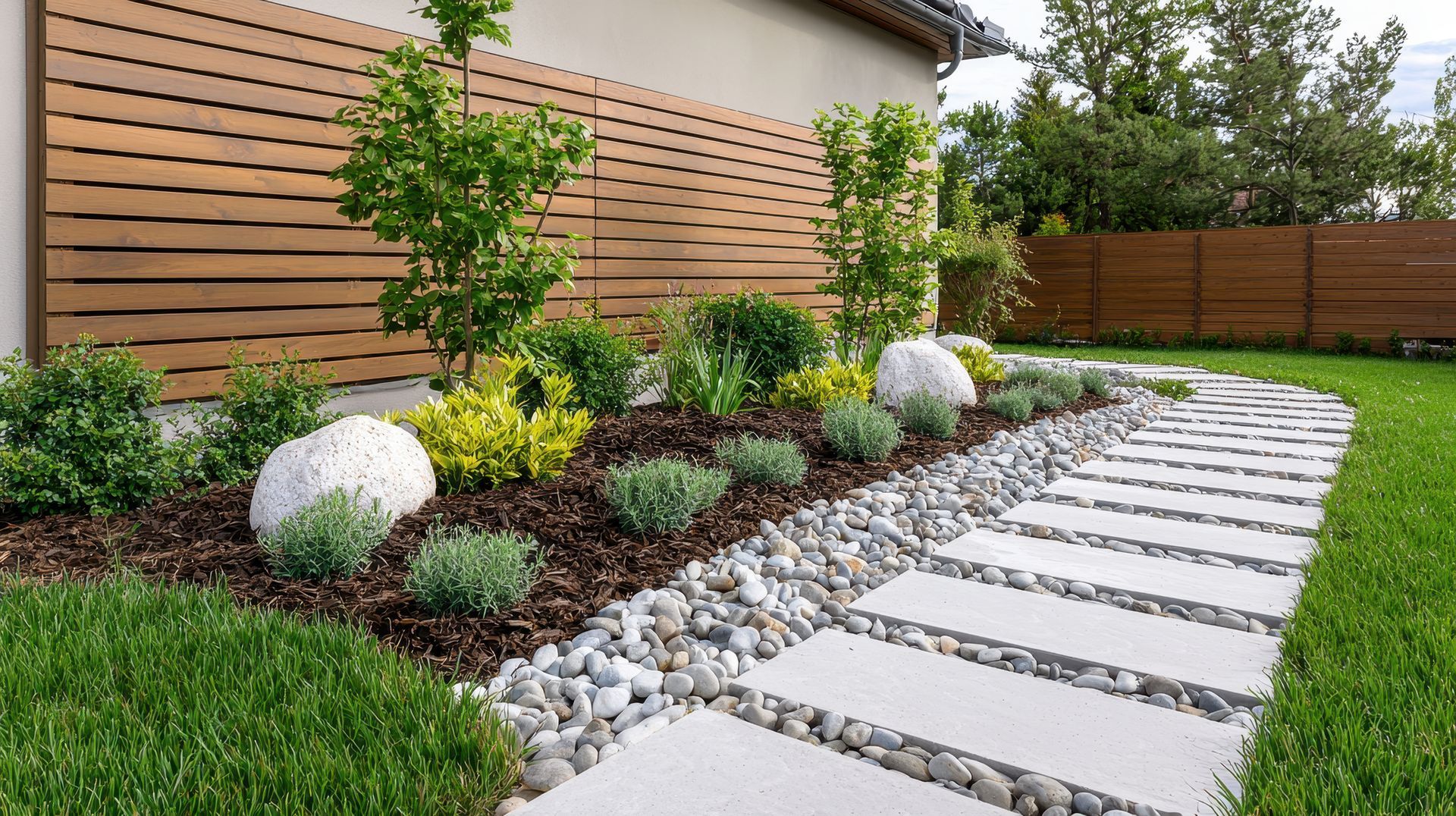 Stone path with border garden, featuring green grass, rocks, and a wooden fence backdrop.