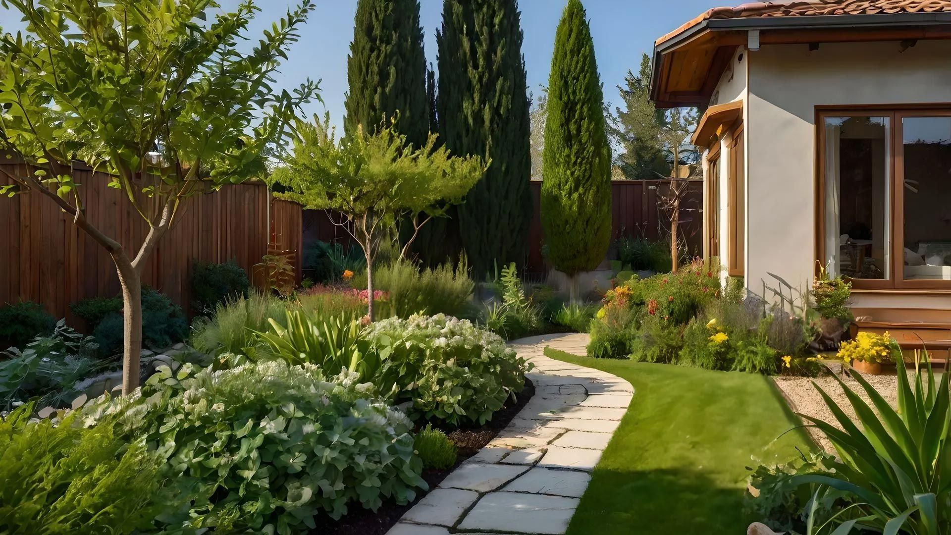 Stone path winds through a lush garden with diverse green plants, leading towards a house.
