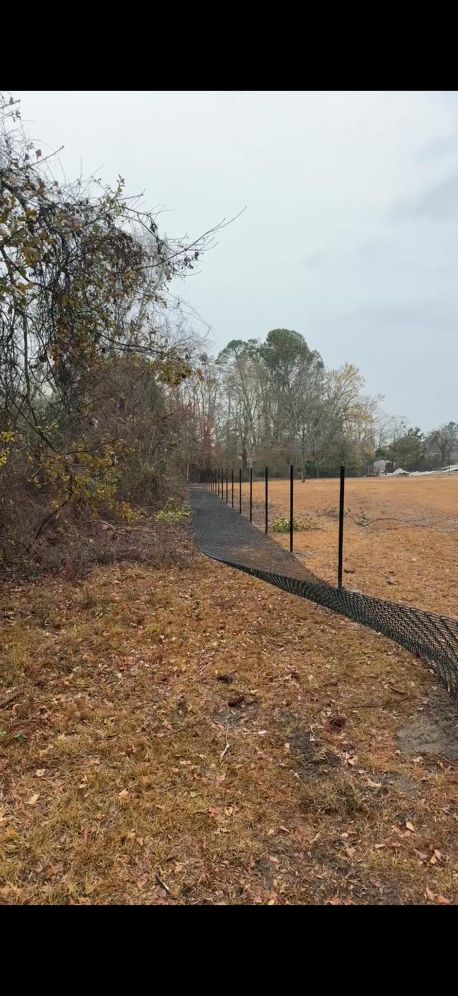 A dirt road going through a field next to a fence.