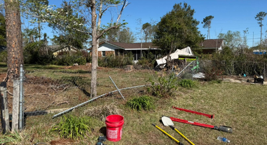 A red bucket and shovels are sitting in the grass in front of a house.