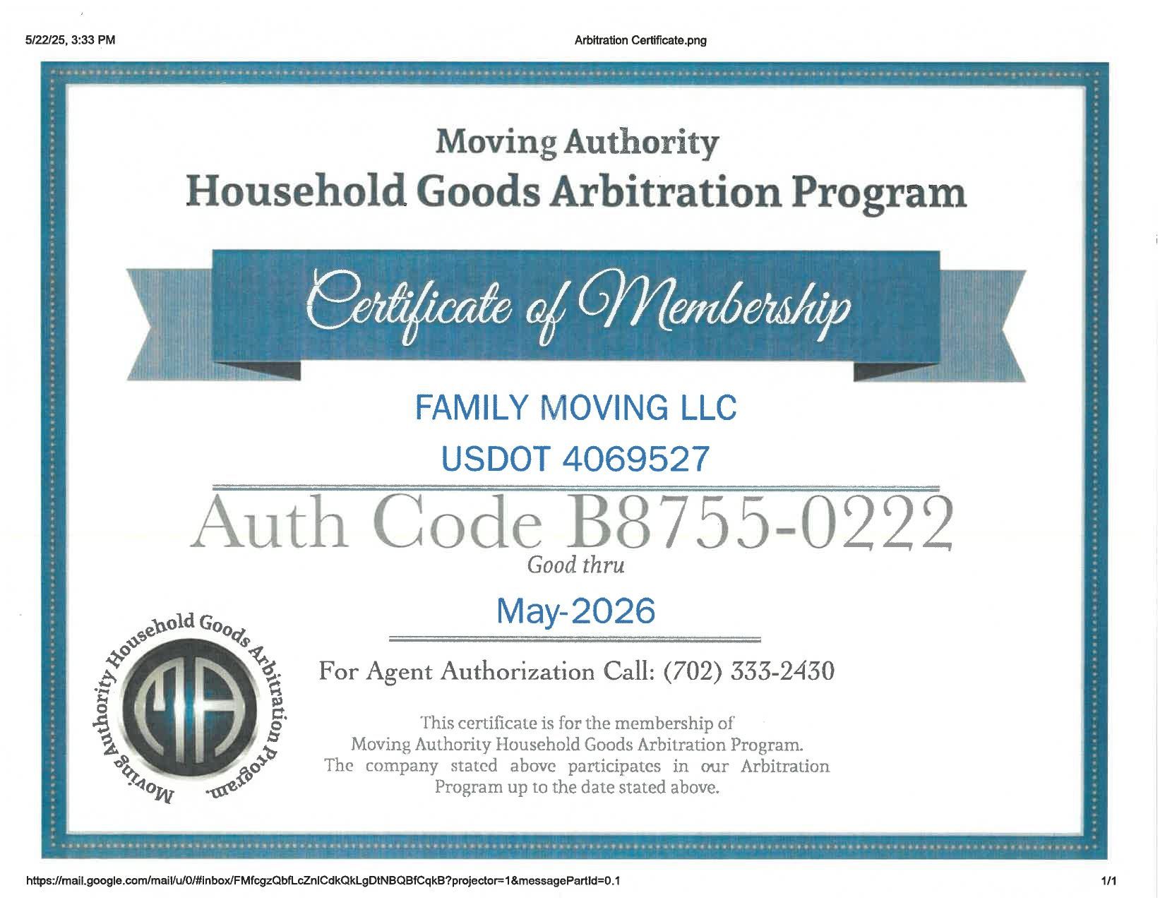 A certificate of membership from the moving authority household goods arbitration program