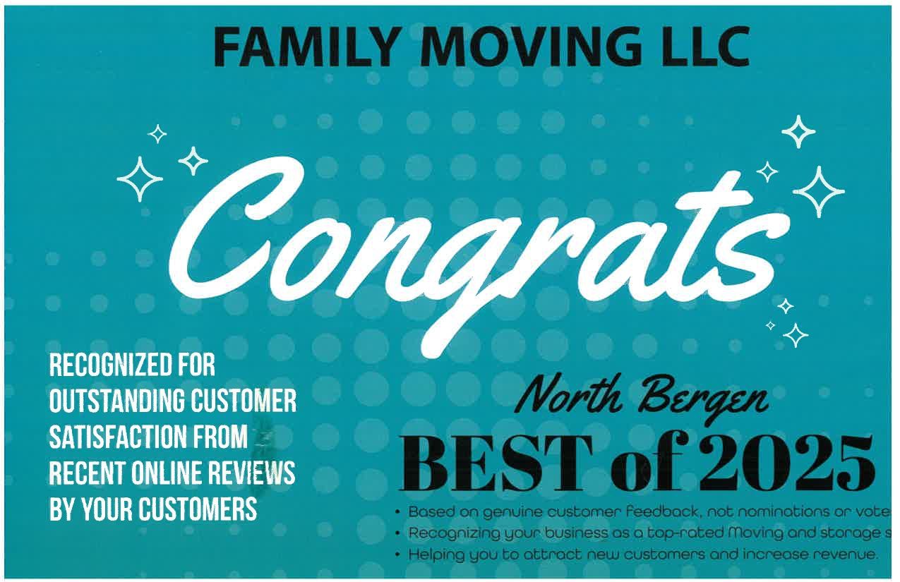 Family moving llc has been recognized for outstanding customer satisfaction from recent online reviews by your customers.
